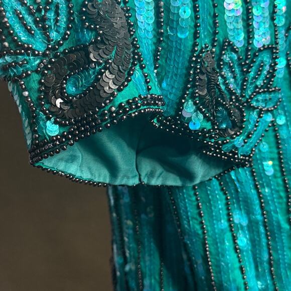 Royal Feelings Vintage Silk Sequin Beaded Top XL Teal Black Evening Party Blouse - Picture 5 of 15